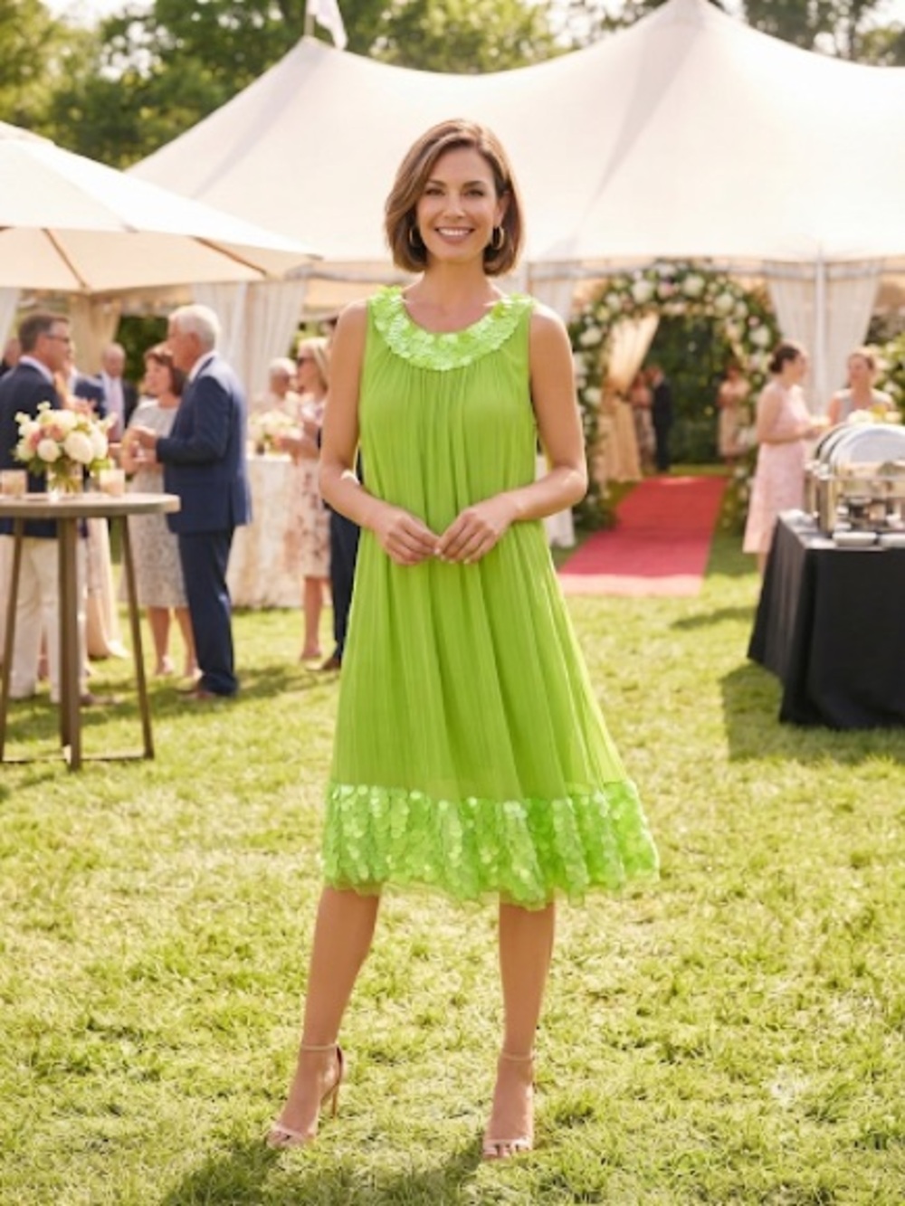 Lime Green Sleeveless Pleated Silk shift Dress with sequins trim